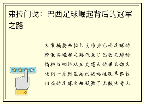 弗拉门戈：巴西足球崛起背后的冠军之路
